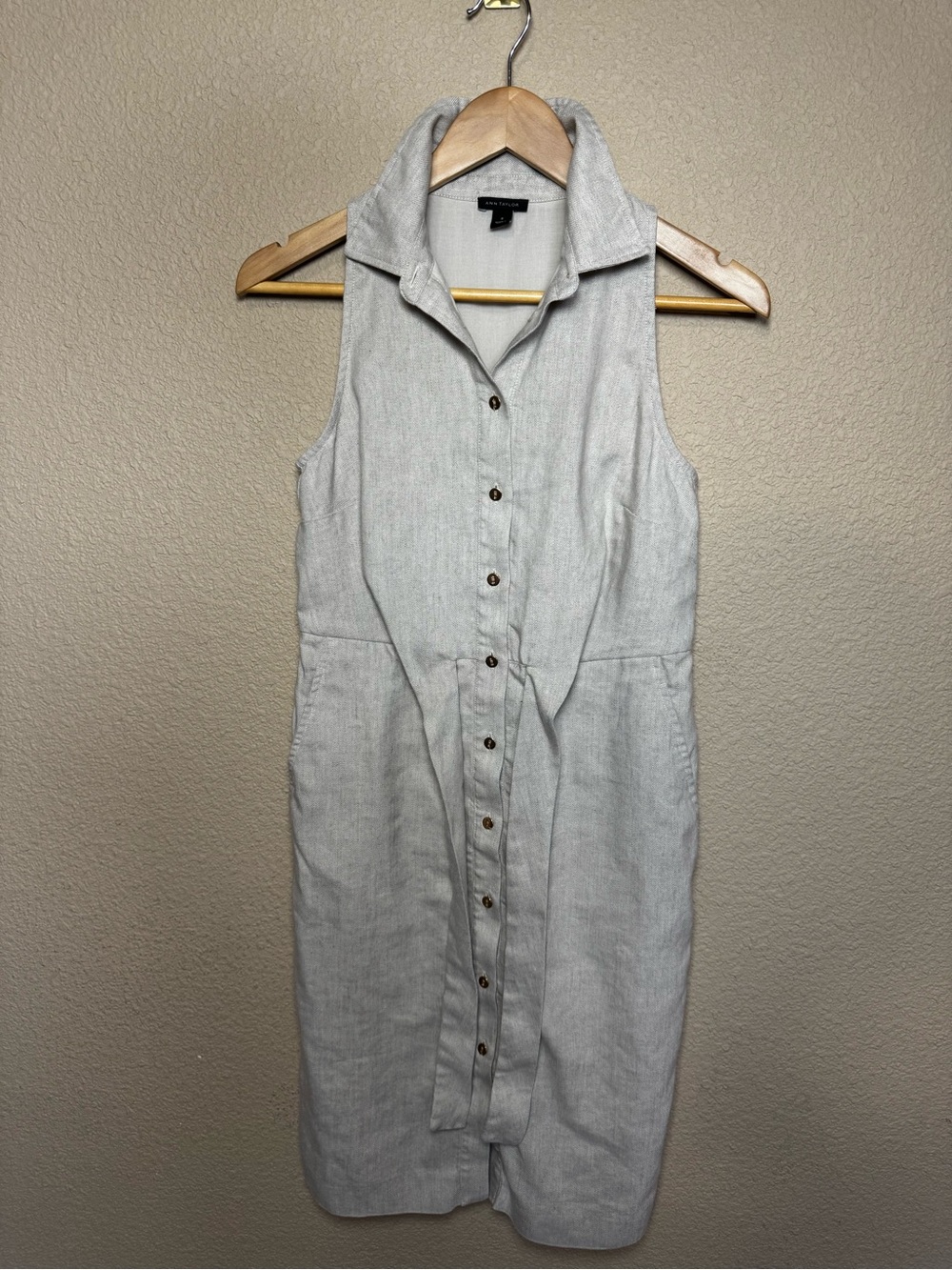 Ann Taylor Linen Blend Sleeveless Shirt Dress Collared Button Front Pockets